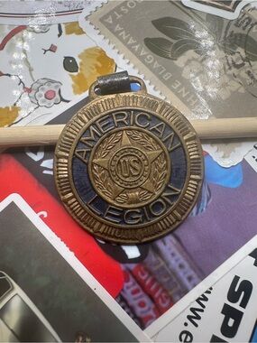 American Legion Vintage Bronze Medal Pendant - Blue Accent